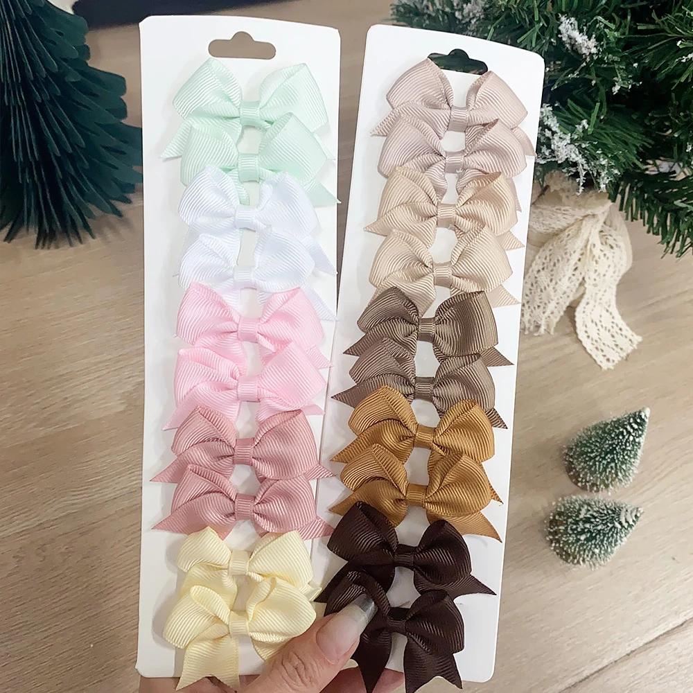 10Pcs/Set Solid Kids Bows Hair Clips for Baby Girls Handmade Ribbon Bowknot Hairpin Barrettes Daily Hair Accessories