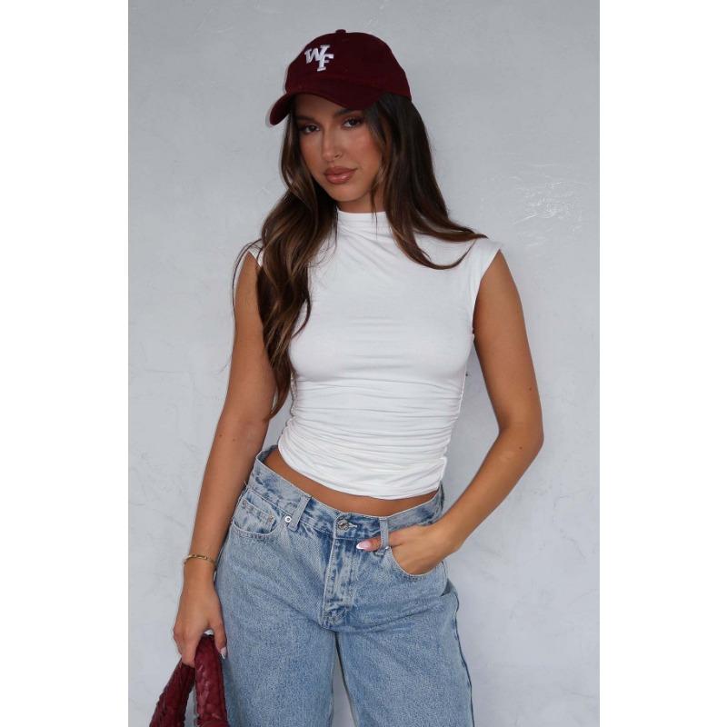 Women's Summer Half High Neck Solid Colour Pleated Slim Sleeveless Simple Comfort Top