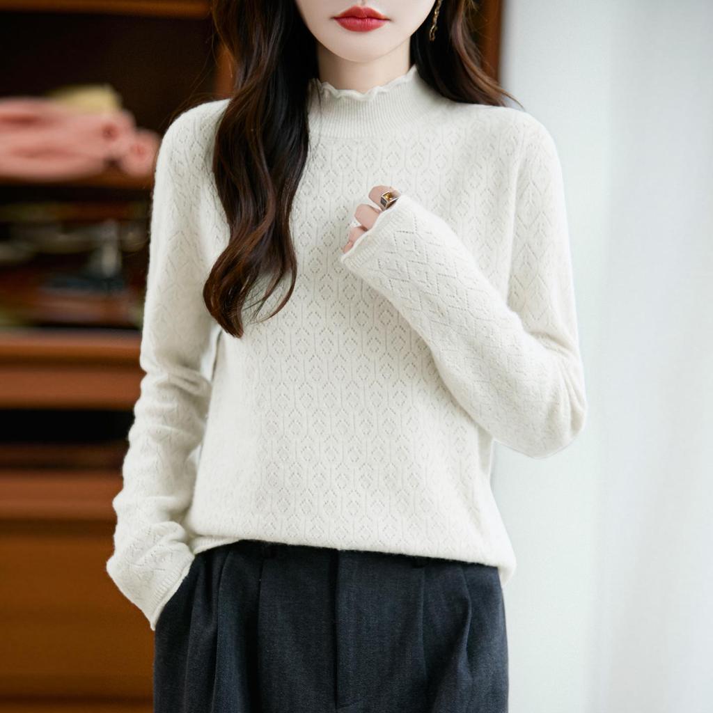Women's Wool Knit Sweater with Ruffled Collar - Fern Tail Design, Slimming Loose Fit, Soft Half-High Collar