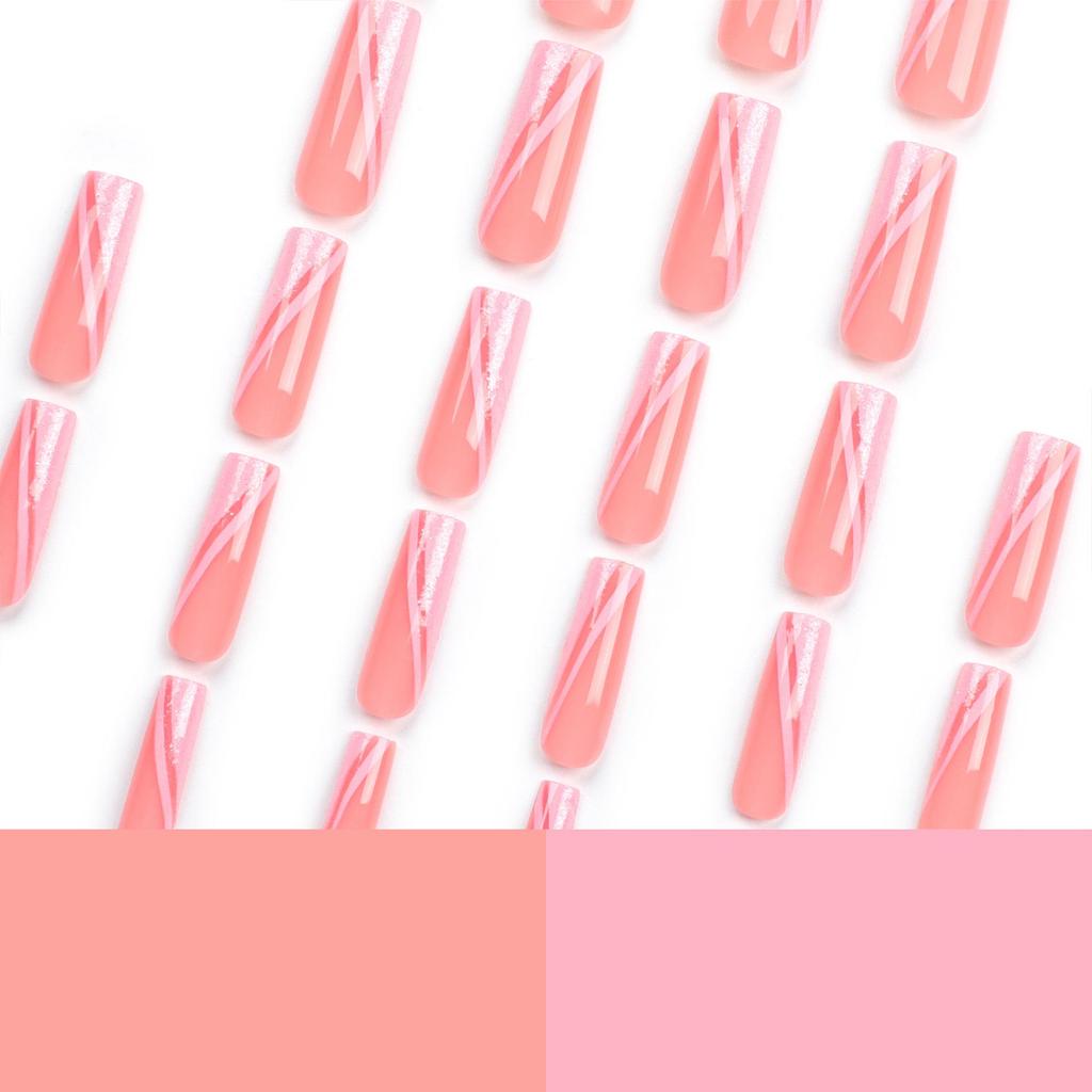 Removable Pink Glitter Patchwork Long Wearable Nails with Nail Art Tips