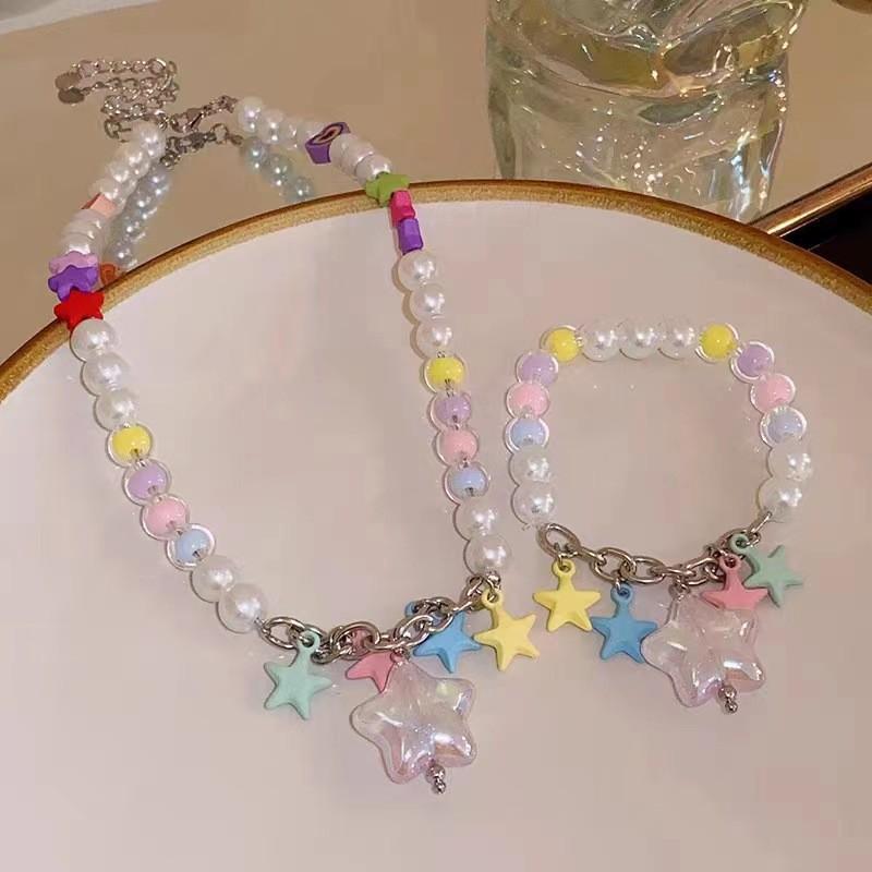 Dopamine Color Beaded Pentagram Star Pendant Necklace Female Personality Versatile Temperament Clavicle Chain Sweet Cool Wind Bracelet