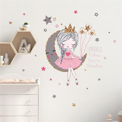 Schmetterling kleines Mädchen grauer Mond Wolke Wandaufkleber Wohnzimmer Heimdekoration Cartoon Teddybär Mond Wandaufkleber