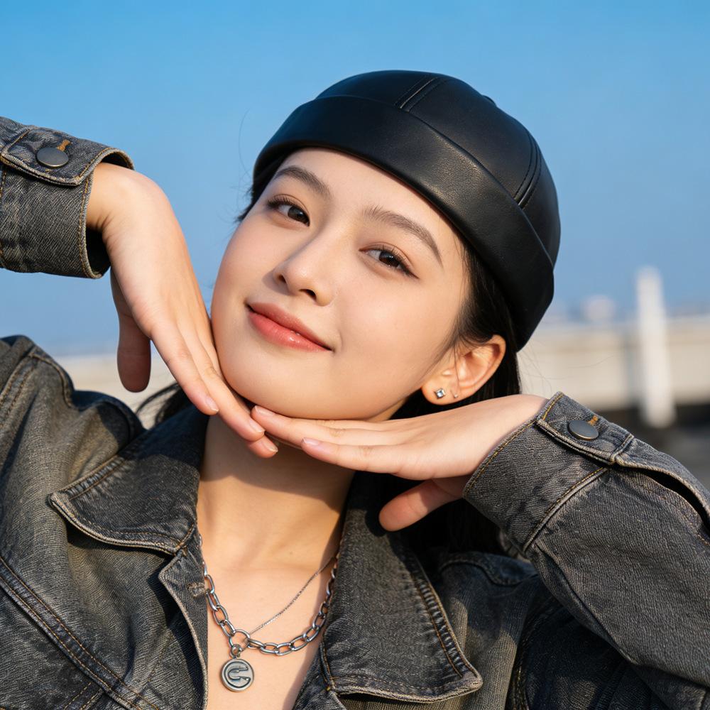 Unisex PU Leather Brimless Cap Retro Docker Hat Sailor Miki Beanie Rolled Cuff Skullcap Yuppie Streetwear Melon Cap