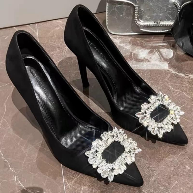 Black High Heels Women's Thin Heels New Spring and Summer Pointed Suede Shallow Mouth Square Buckle Rhinestone Temperament Single Shoes