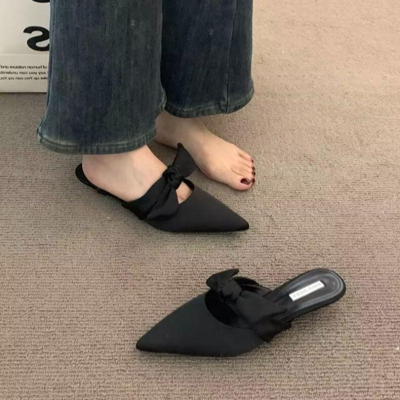 Low Heel Slippers Spring New Pointed Head Shallow Mouth Cow Suede Butterfly Knot Set Foot Anti-slip Wear-resistant Sandals