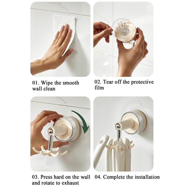 Rotating Kitchen Utensil Hooks Rack 360 Degree Rotation Adhesive Space-Saving Suction Cup Hanger Organizer for Home