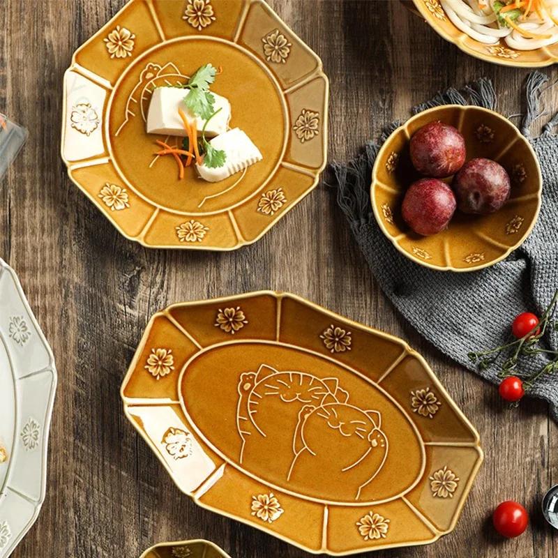 Retro Japanese Style Ceramic Plates Exquisite Relief Soup Bowls Delicious Dishes Dining Plate High End Household Tableware