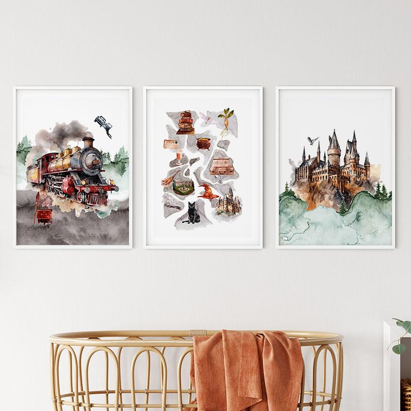 Постер в винтажном стиле H-Hogwarts, вдохновленный волшебником, сова, волшебная школа, замок, поезд, холст, настенное искусство для детской, декор для дома