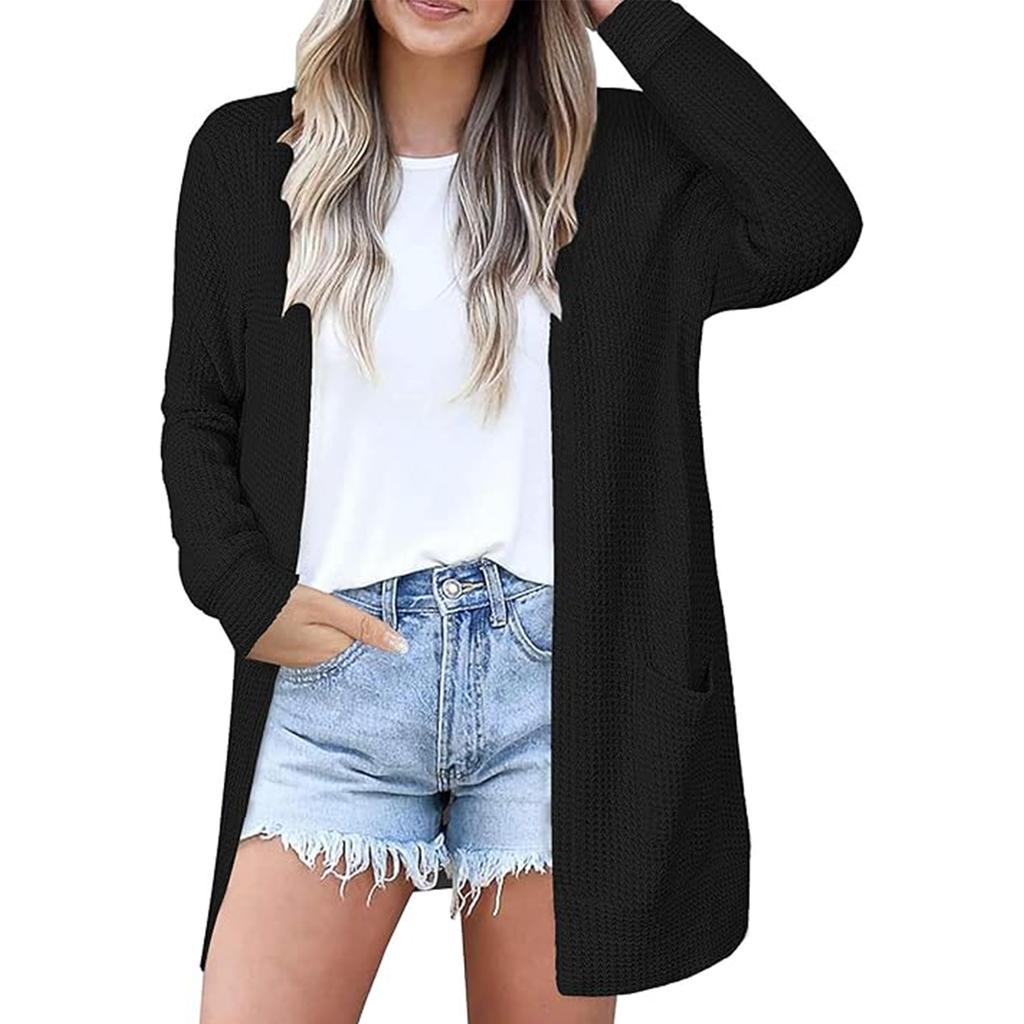 Women's Casual And Fashion Solid Color And Long Sleeve Pocket Cardigan Coat