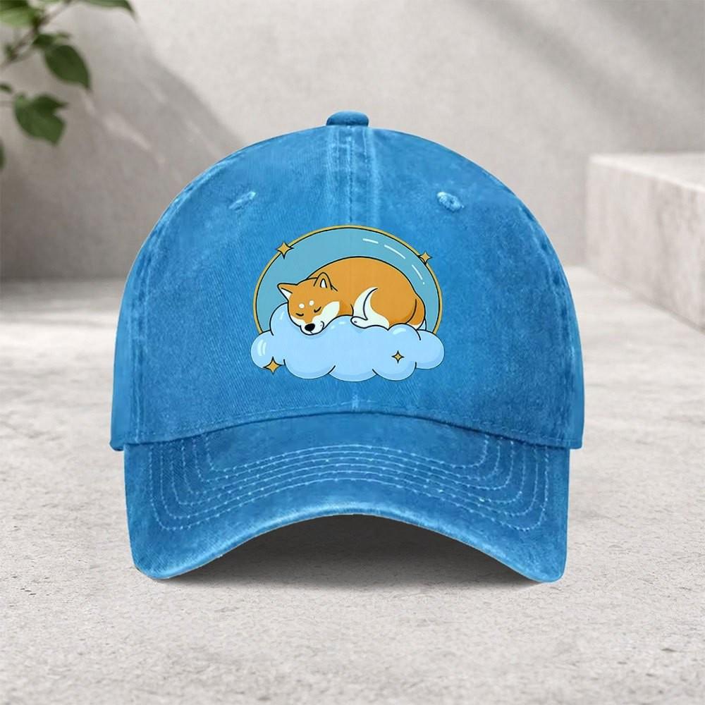 Sleeping Shiba Inu Cloud Graphic Washed Denim Baseball Cap Unisex Adjustable Outdoor Sun Hat