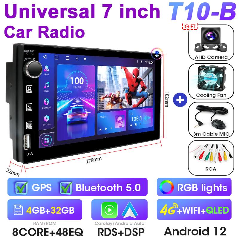 Universal 7 Inch 2 Din Android 12 Car Radio Multimedia Video Player For Nissan Kia Honda Toyota VW Ford Carplay Auto RDS DSP 4G