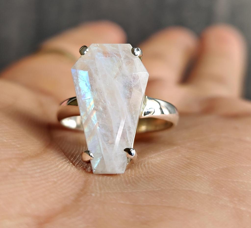 Coffin Ring, Rainbow Moonstone 925 Solid Silver Ring, Gemstone Jewelry, Handmade Silver Ring, Women Ring, Gift for Her