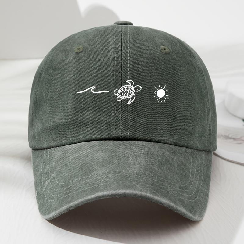 Baseballkappe mit Wellenschildkröten-Sonnenaufdruck, Retro-Stil für Damen und Herren, modischer Sonnenschutz für draußen und verstellbarer Sonnenschutz