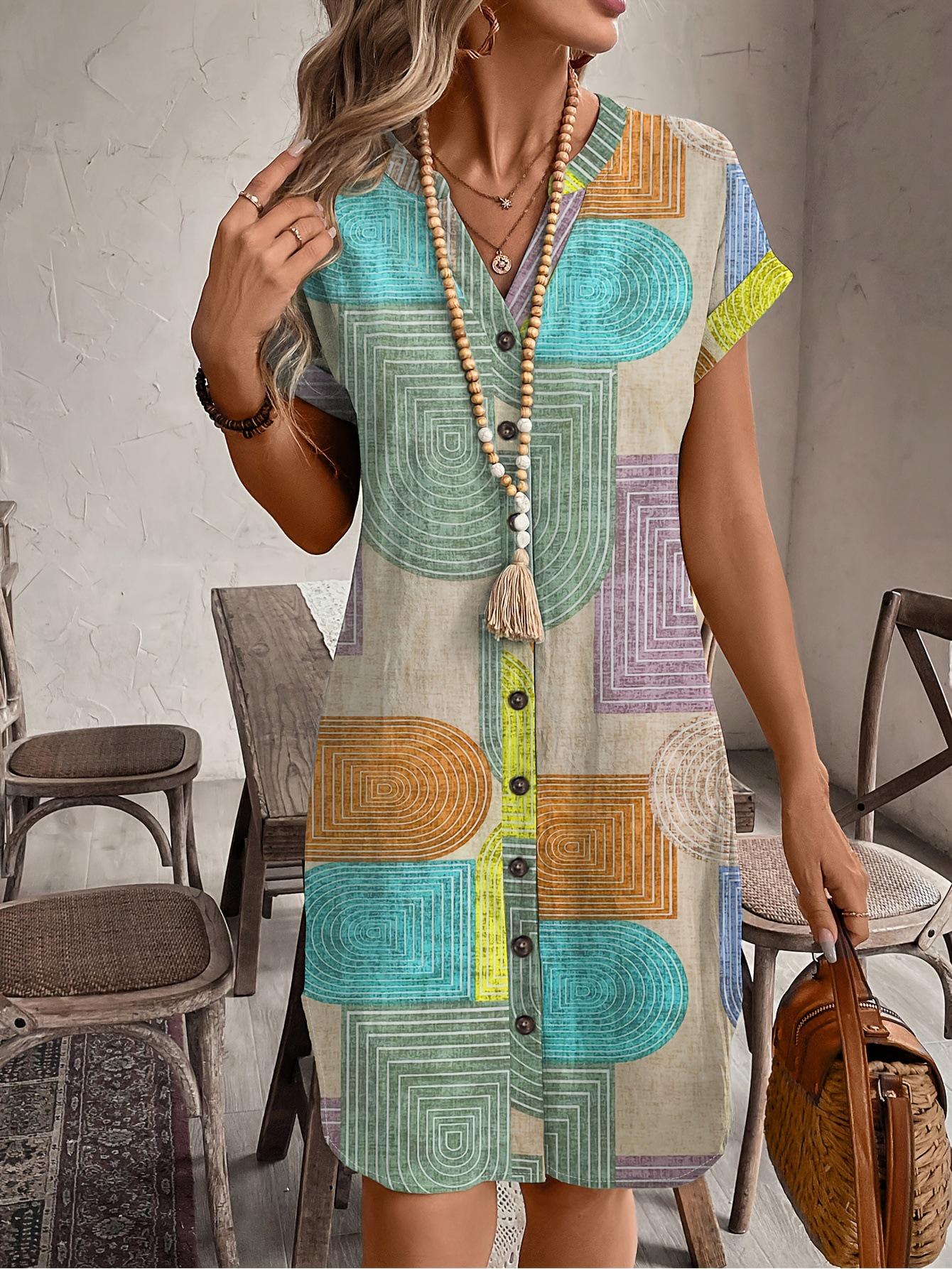 2025 Women s Summer Geometric Print Elegant V-neck Buttoned Raglan Sleeve Dress M