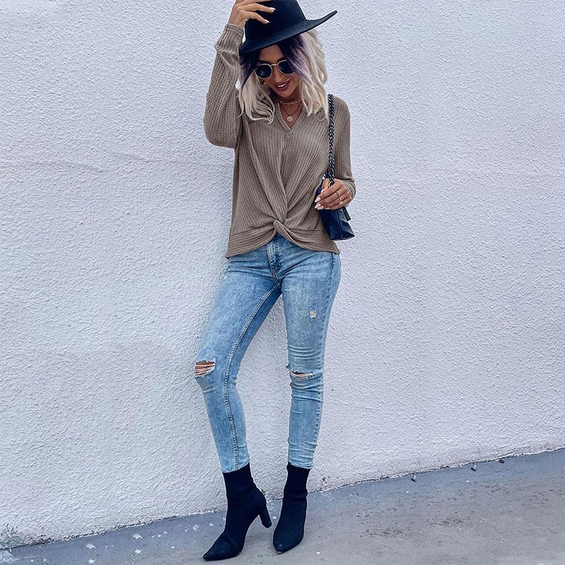 YYFS Women's Fashion Casual Solid Color Print Summer Spring Long Sleeve V-Neck Pullovers & Long Sleeves