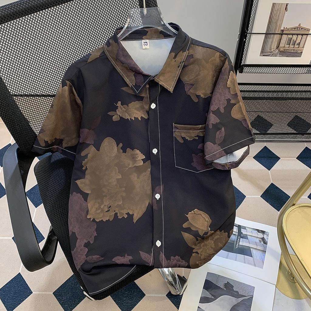 Summer Flower Full Printed Short Sleeve Printed Shirt Men's Seaside High-Grade Thin Casual Seaside Holiday Shirt Half Sleeve Top
