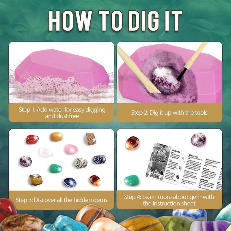 Gemstone Dig Kit -dig Up 12 Real Gems & Crystal Rock Collection For Kids Archaeology Geology Science Educational Toys Christmas Gift