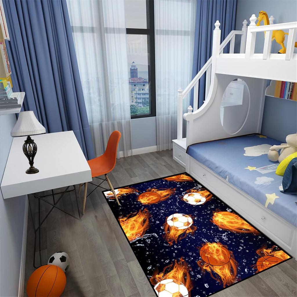 Basketball and Football Sport Rug for Kids Bedroom and Playroom, Navy Blue Sports Carpet, Non-Slip Home Decor Floor Mat