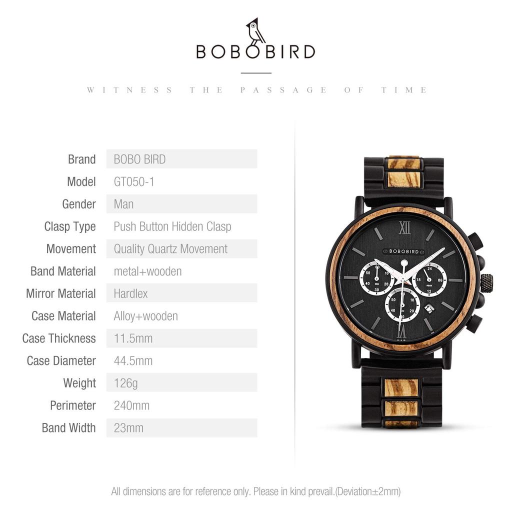 BOBO BIRD 2021 New Wooden Analog Quartz Watch with Gift Box Men's (Black)