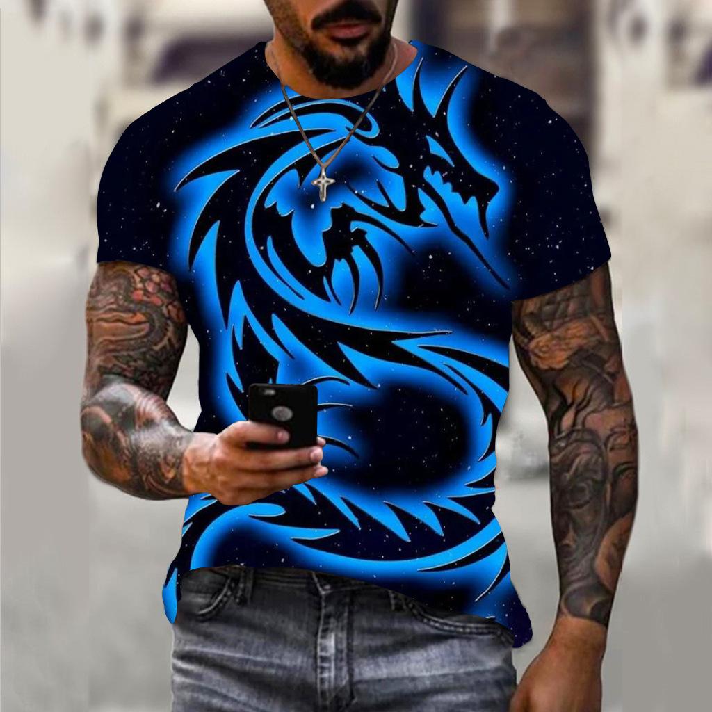 Summer Round Neck 3D Dragon Print Top Fashionable Casual Short Sleeved Men's T-shirts