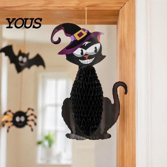 Three-dimensional Halloween Party Decor Honeycomb Hanging Decor, Waterproof Paper Witch Bat Pumpkin Ornament Props for Ceiling Window Display, Spooky