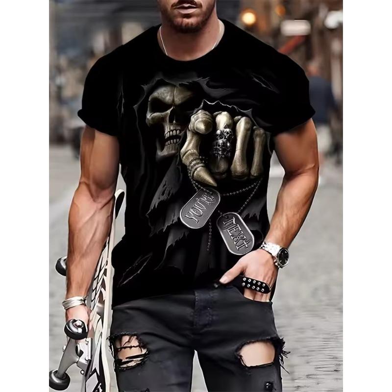Men's Summer Casual T-Shirt 3D Golden Lightning Skull Print Short Sleeve Streetwear