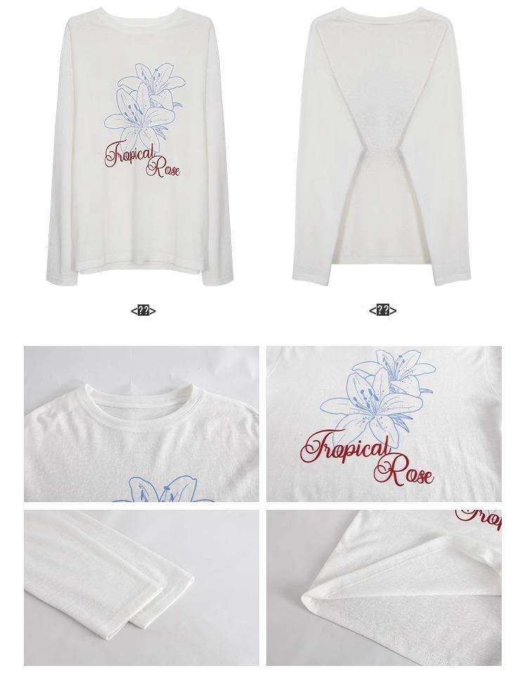 Women's Casual Long Sleeve Crew Neck Printed T-Shirt - Slimming, Sun Protection, Loose Fit, White Summer Cover-up.