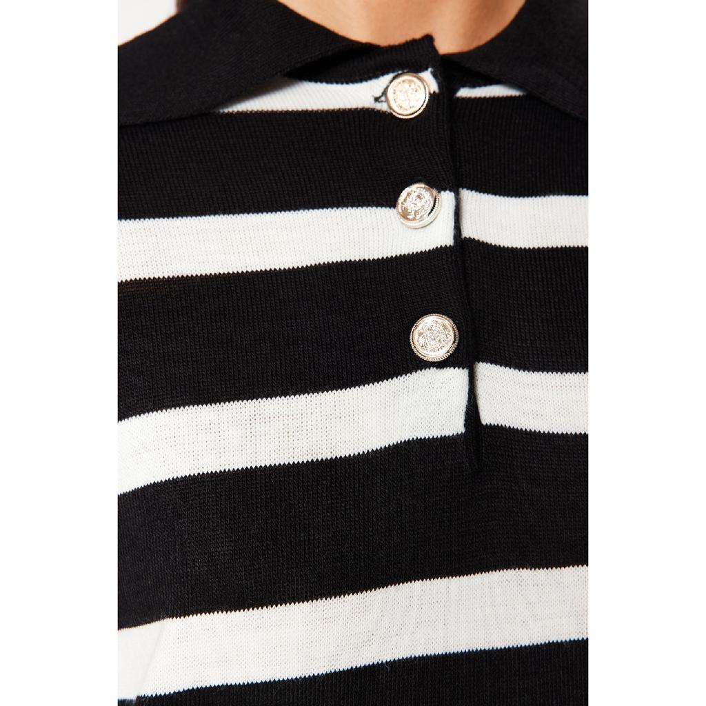 Black And White Polo Neck Striped Knitwear Sweater Tctaw24ak00045