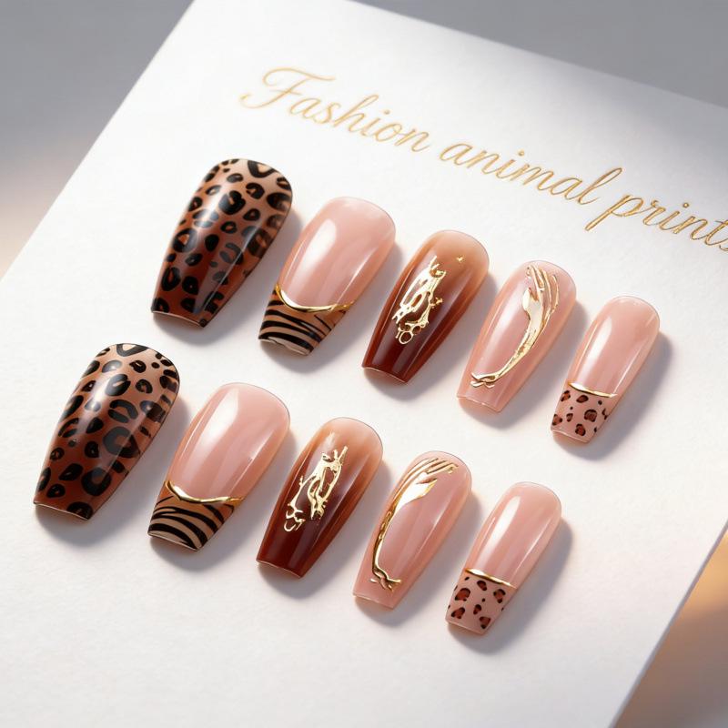 Gold-Plated French Leopard Print Almond Wearable Nails - 24-Piece Set of European & American False Nail Tips