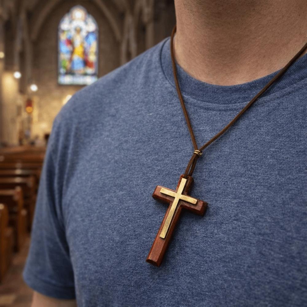 Blessing Wooden Cross Pendant Handmade Rear View Mirror Charm Unique Rope Choker Chain  Home Decor