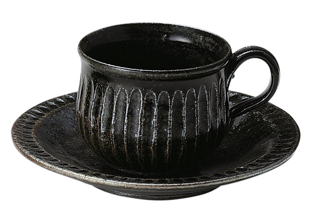 Marui Seito Shigaraki Ware Hechimon Coffee Cup and Saucer Set, Approx. 260ml, Black Glaze Finish, MR-3-3291