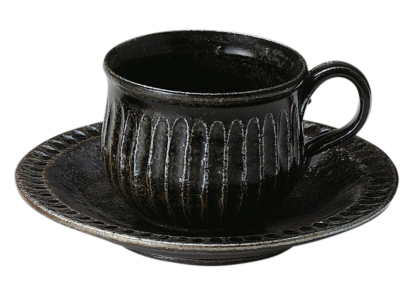 

Marui Seito Shigaraki Ware Hechimon Coffee Cup and Saucer Set, Approx. 260ml, Black Glaze Finish, MR-3-3291