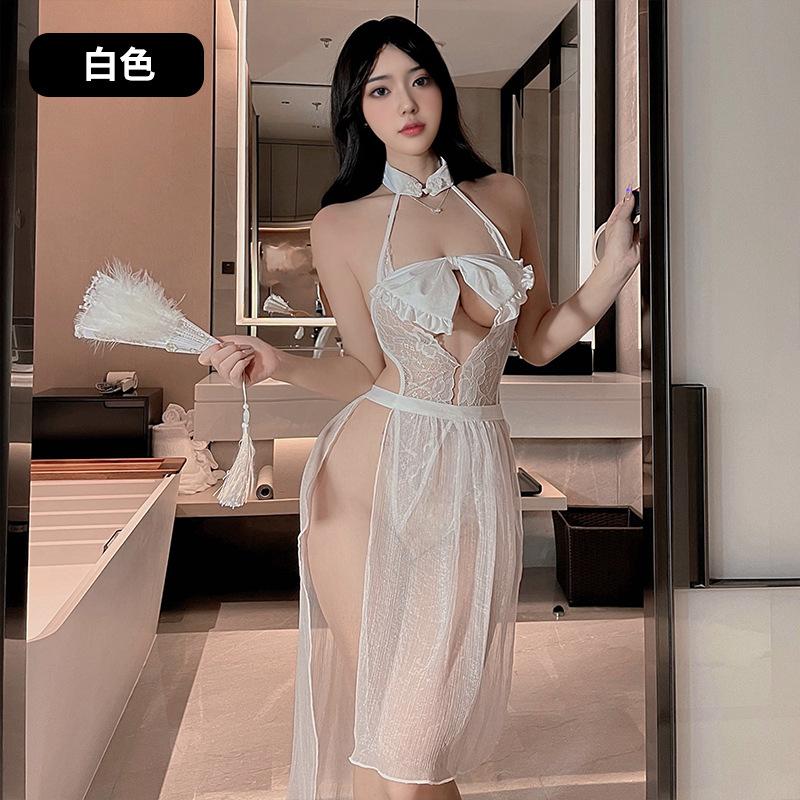 New Pure Desire Erotic Underwear Neck Sexy Perspective Small Chest One-piece Hollow Gauze Skirt Battle Robe Women's Two-piece Set
