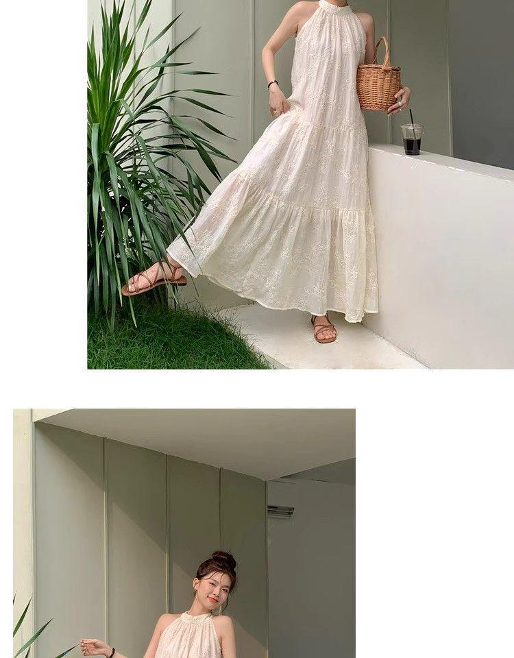 French-Style Summer Chiffon Halter Neck Dress with Embroidered A-Line Skirt