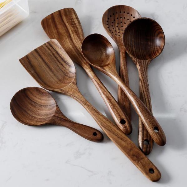 7pcs Thailand Teak Natural Wood Tableware Spoon Ladle Turner Long Rice Colander Soup Skimmer Cooking Spoons Scoop Kitchen Tool Set