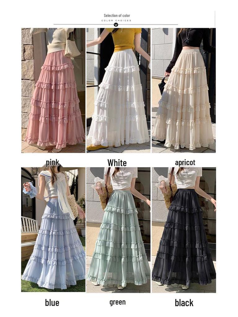 Women's French Ruffled Chiffon A-Line Dress - Slimming High Waist Fairy Skirt for Spring 2026