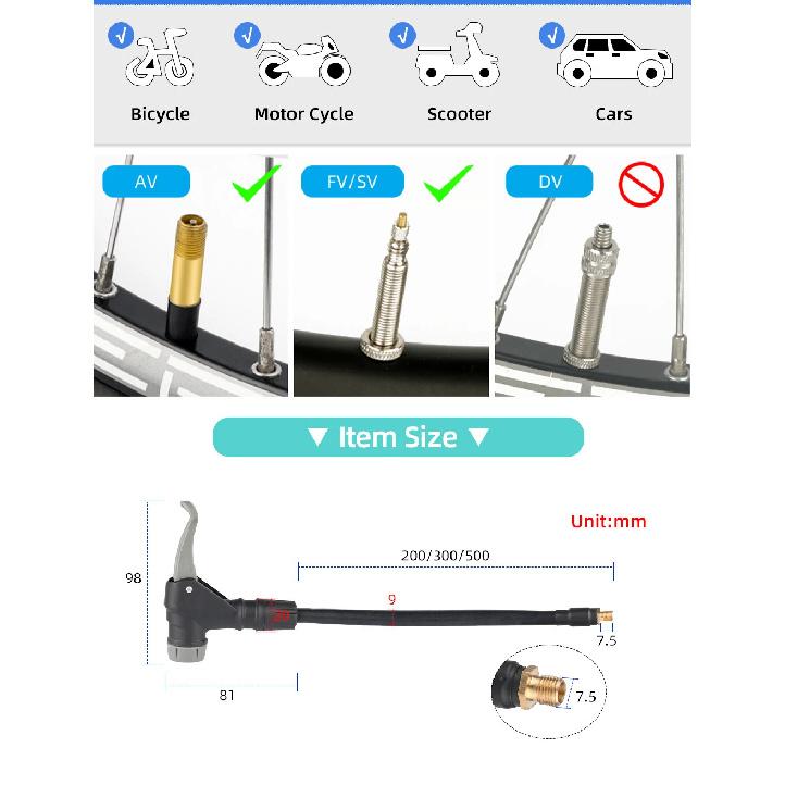 Bicycle 20/30/50cm AV/FV Pump Extension Adaptor MTB Road Bike Schrader or Presta Air Pump Tire Inflator Copper Nozzle Connector