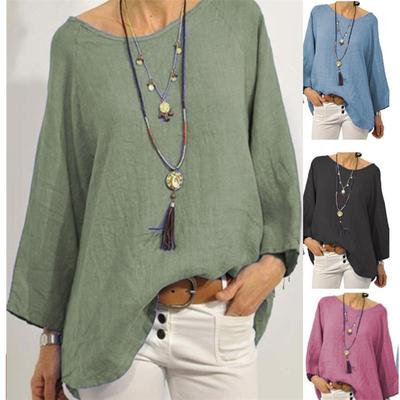 Autumn New Solid Cotton and Linen Loose Casual Blouse for Women Round Neck Long Sleeve Women's Shirt Plus Size Vintage Simple Ladies Tops 24692