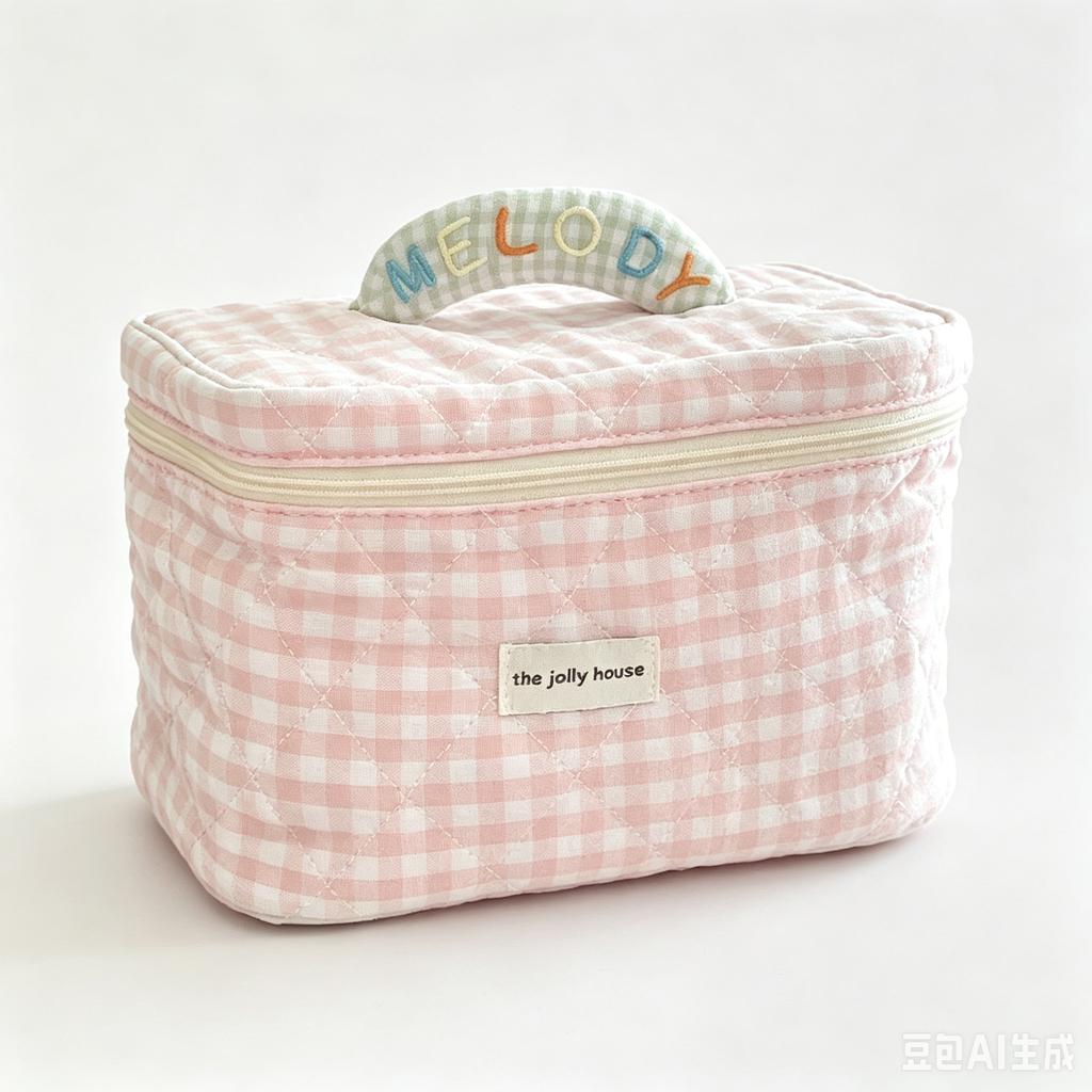 YT Soft and Portable Quilted Handheld Toiletry Bag, Small Handbag, Miscellaneous Storage Bag, Bubu Pink and Green Plaid Makeup B