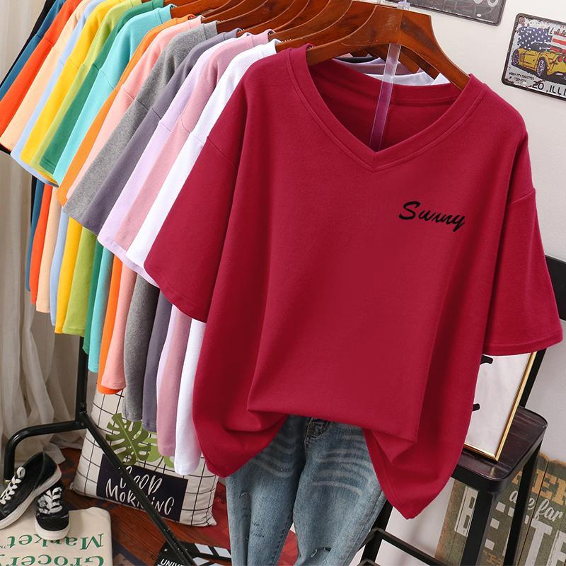 Short-sleeved T-shirt for Women Large Size Loose and Slimming Design Niche Pure Cotton V-neck Top That Covers The Belly