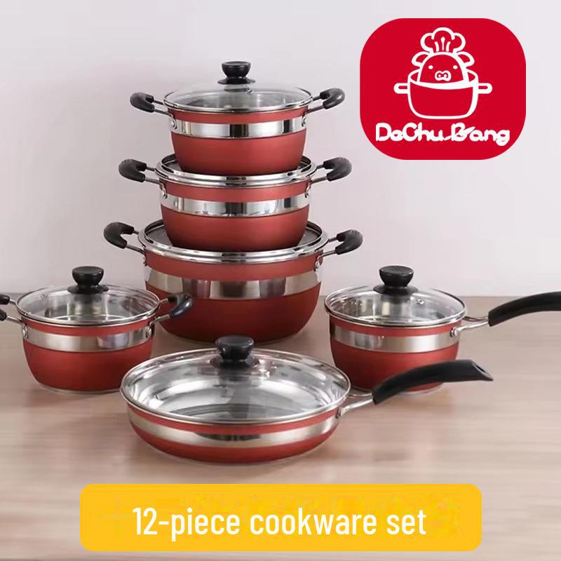 "12-Piece Stainless Steel Cookware Set: Thick Double Bottom Pots, Non-Stick Frying Pan, Milk Pot, Soup Pot"