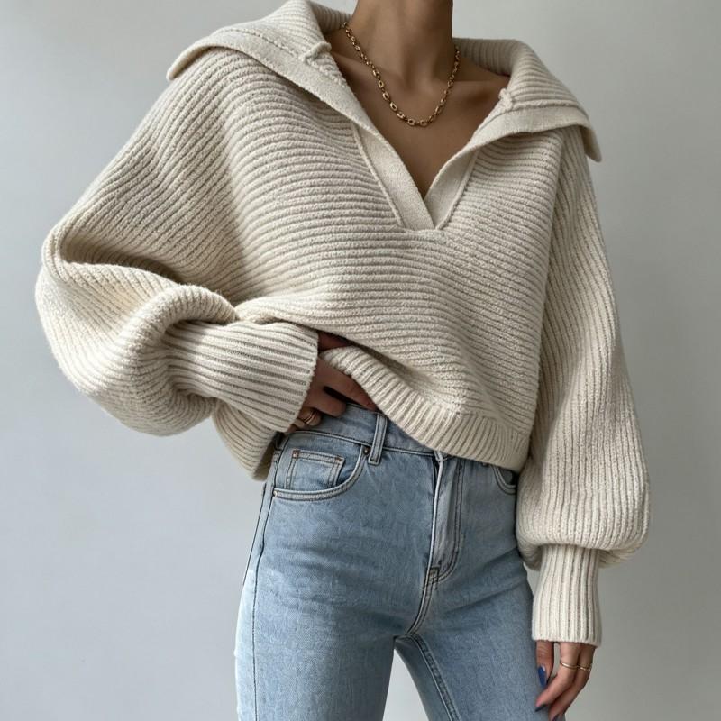 2026 Fall Winter Womens Knit Pullover Sweater Turn-Down Collar Casual Top