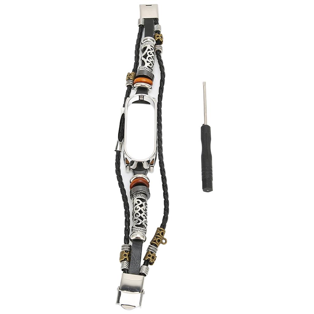 Retro Leather Wrist Strap for Xiaomi Mi Band 5 6 NFC Fashion DIY Upgrade WristbandBlack Silver