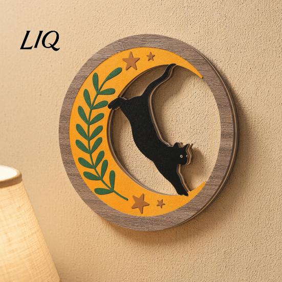 Artistic Cat Wall Piece 4Pcs 3D Boho Decoration, Round Wooden Hangings, Animal Star Sun Moon Layered Wood Hanging Botanical Decor, Plaque for
