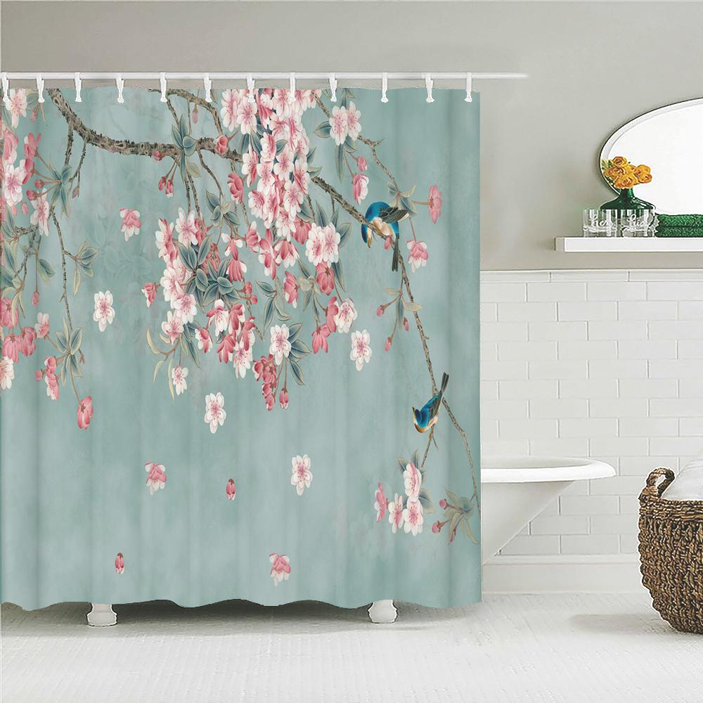Chinese Style Flowers Bird Scenery Waterproof Shower Curtain Bath Curtains 3d Printing Bathroom with Hooks Washable Cloth Screen