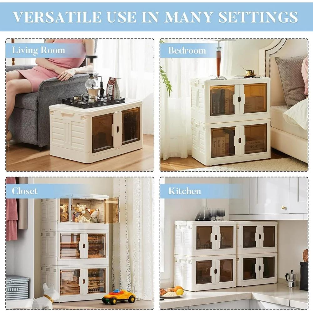 Medium Foldable Plastic Storage Bins Stackable Boxes with Wheels Lids Clear Doors Portable Organizer Home Office Dorm Room