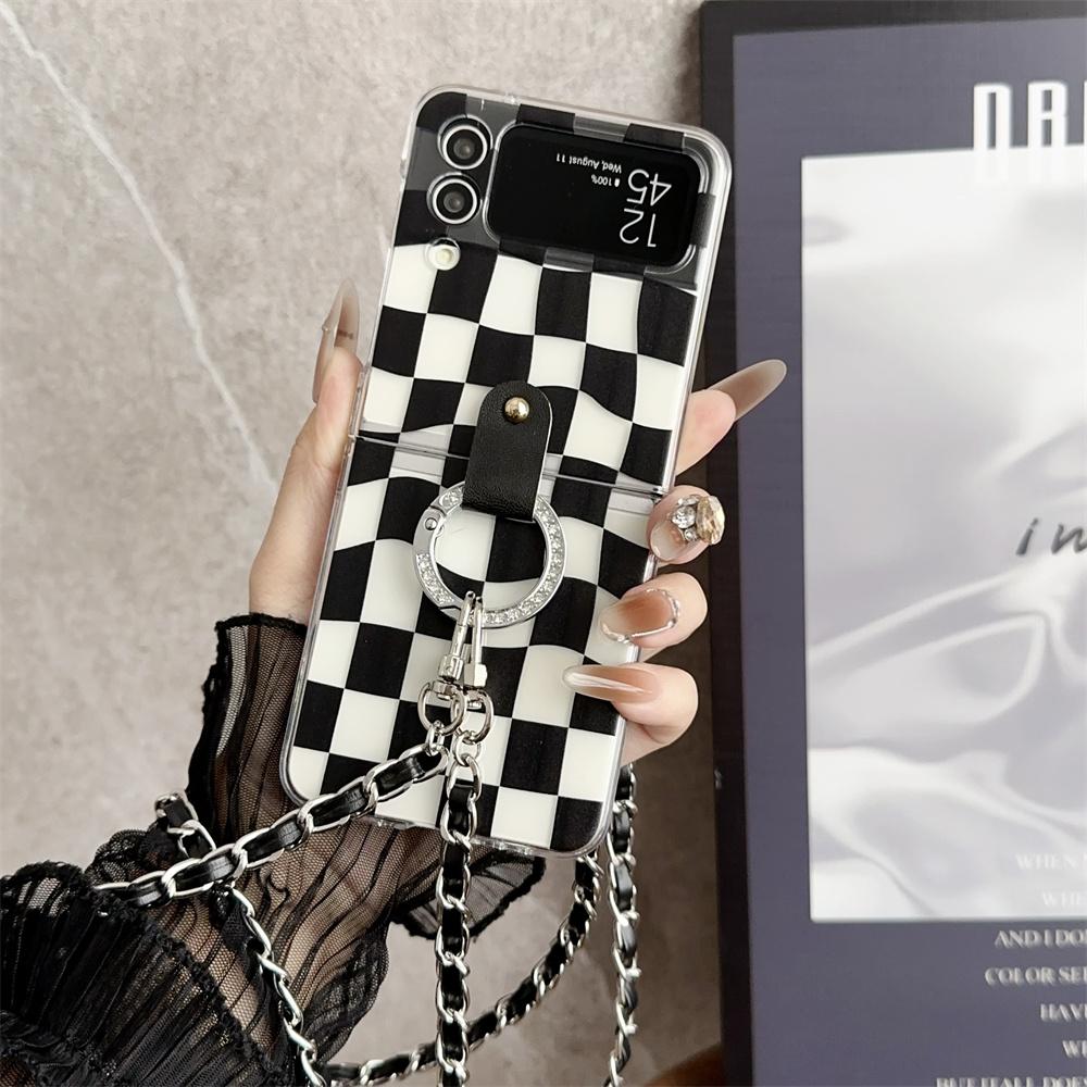 Elegant Scarves Hand Chain Case For Galax Z Flip 5 Necklace Strap Cover For Samsung Z Flip 4 Flip3 Black White Checkered Case