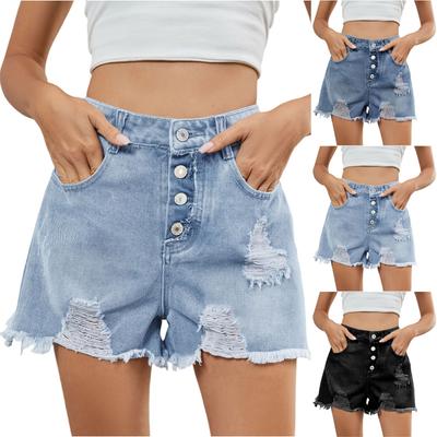 Damenmode-Trend, einfarbige Tasche mit ausgefransten Kanten und Löchern, lässige Denim-Shorts