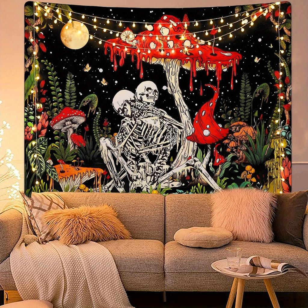 Whimsical Skeletons and Mushrooms Tapestry Perfect for Eclectic Decor Vibrant Wall Hanging Adds Charm