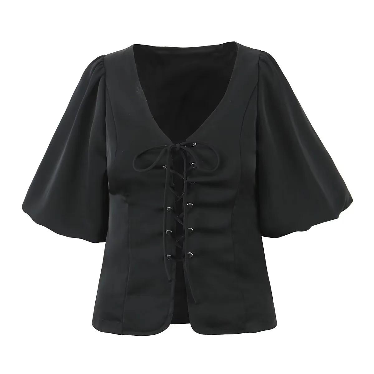 

Европейская и американская женская летняя блузка с глубоким V-образным вырезом, завязкой спереди и рукавами-буфами Medium чёрный